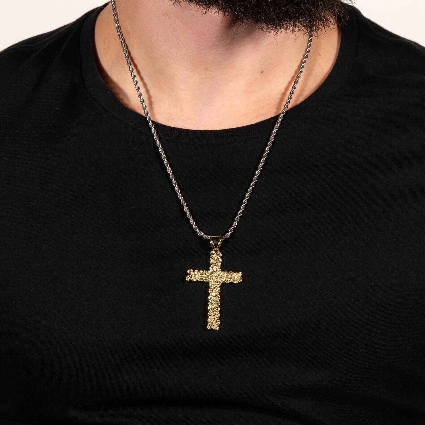 Nugget Cross Pendant 925 Sterling Silver in 14K Gold