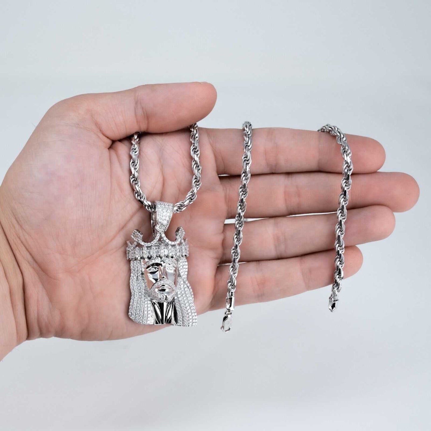 Mens Moissanite 4.5ct Jesus Piece Head Pendant w/ 4mm Rope Chain Real 925 Silver