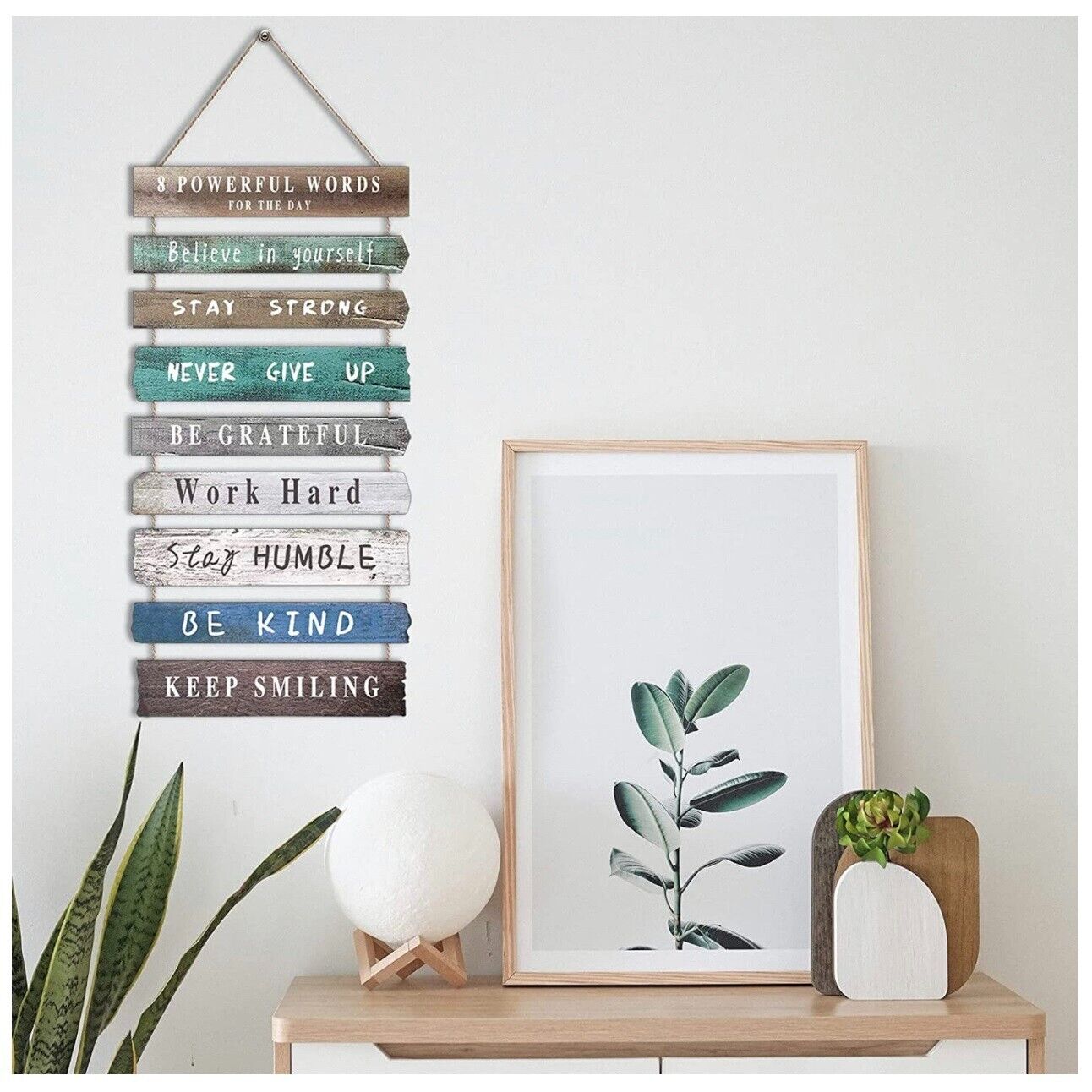Inspirational Wall Hanging Art Wood String 24 x 12" Brown Green Blue Rustic New