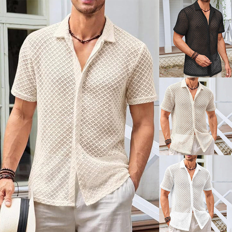 Lightweight Mesh Lapel Shirt - Cotton Blend Short Sleeve Summer Top