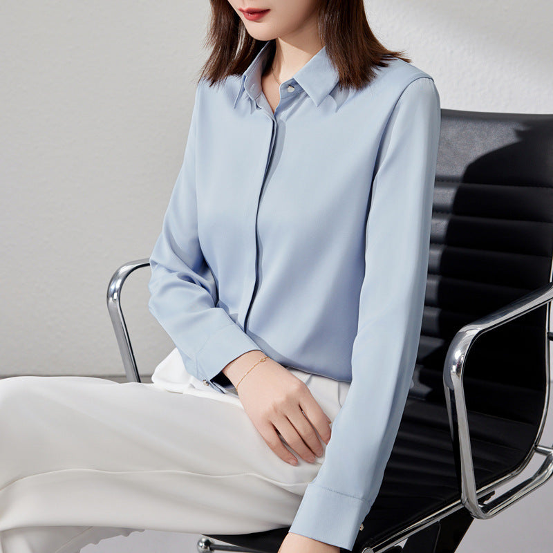 Satin Office Shirt - Long Sleeve Button Front Blouse for Work
