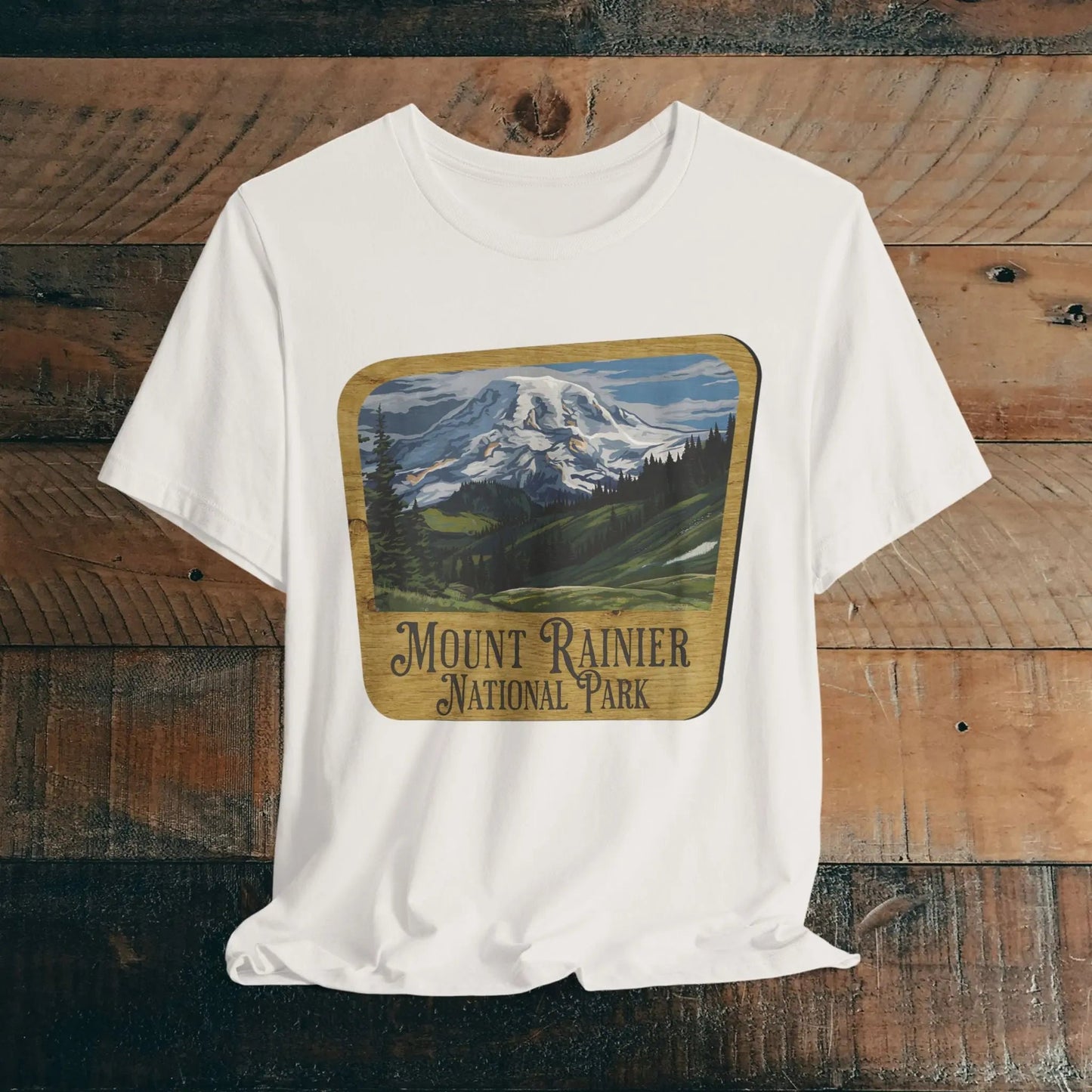Mount Rainier National Park Unisex Fit Short Sleeve T-Shirt Wood Sign