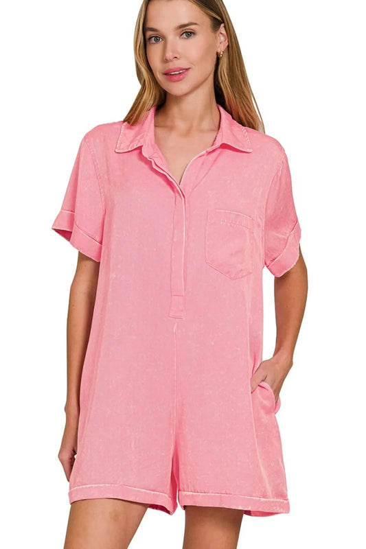 Zenana Tencel Mineral Washed Half Button Shirts Romper