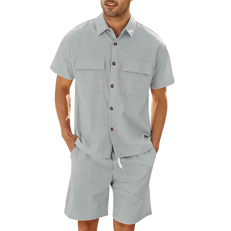 Men's Cotton Linen Two-Piece Summer Set - Short Sleeve Shirt & Shorts