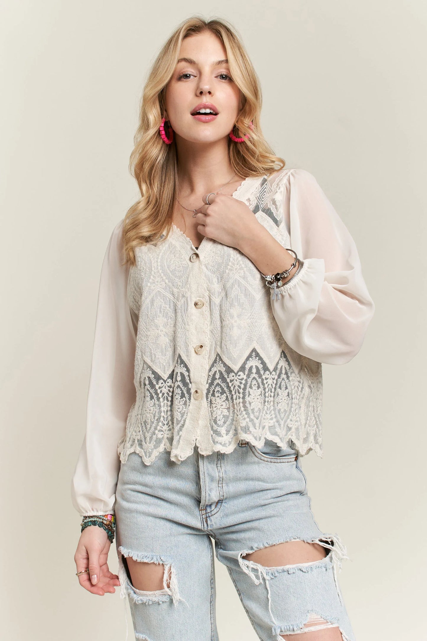 ADORA Button Down Embroidered Blouse
