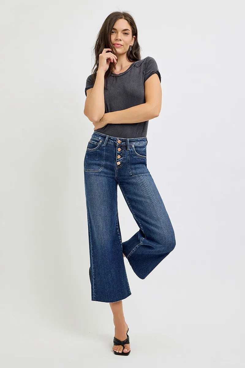 RISEN Full Size High Rise Crop Wide Button Up Jeans Plus Size