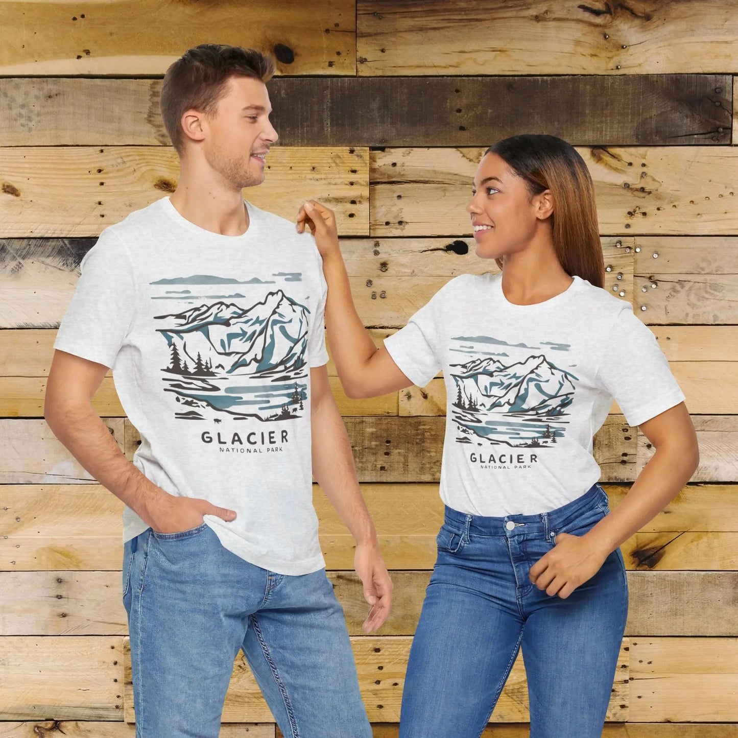 Glacier National Park Unisex Fit Soft T-Shirt Watercolor Line Art