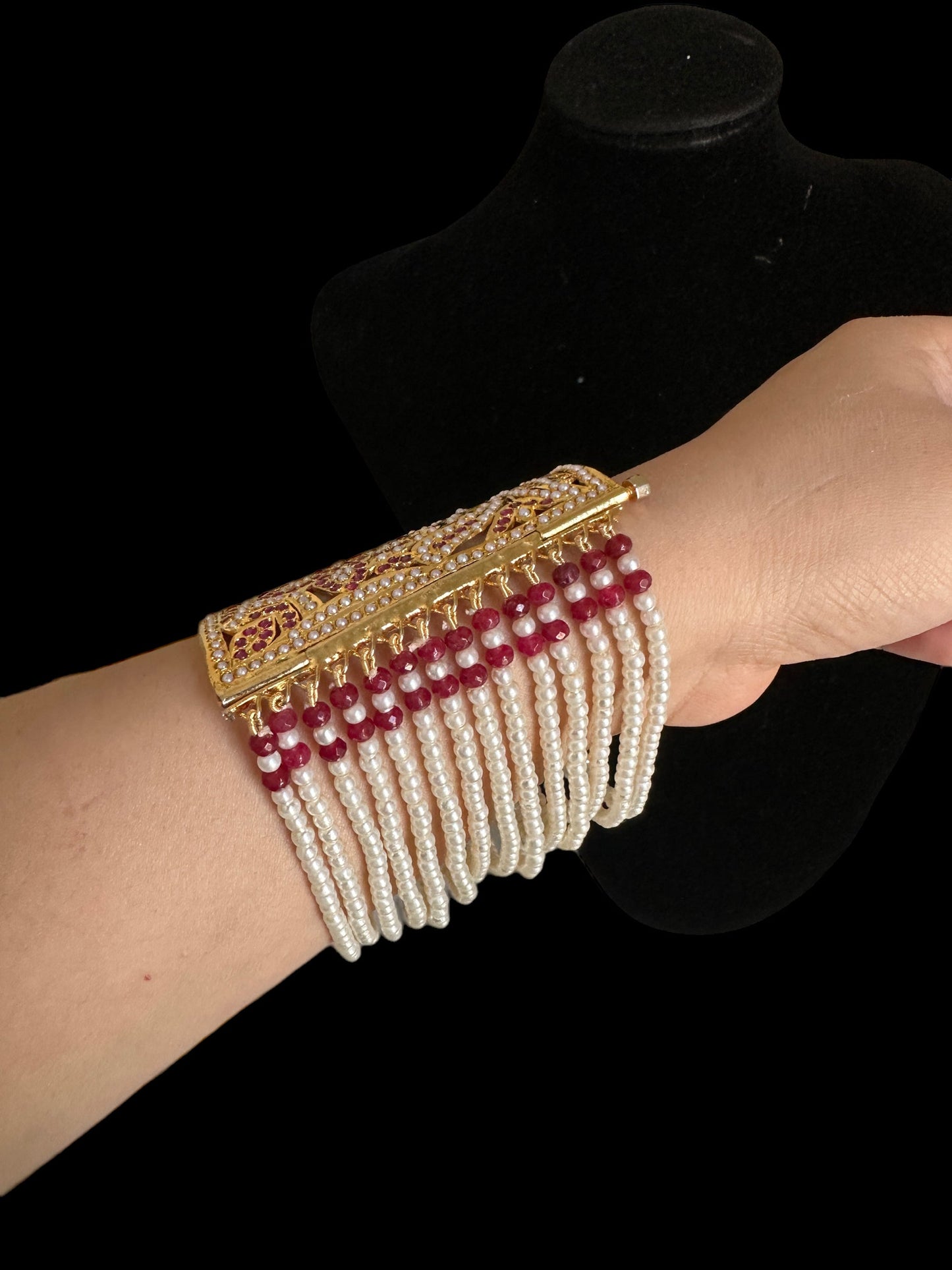 B198 Jadau bahi / bracelet - Ruby pearl ( READY TO SHIP )
