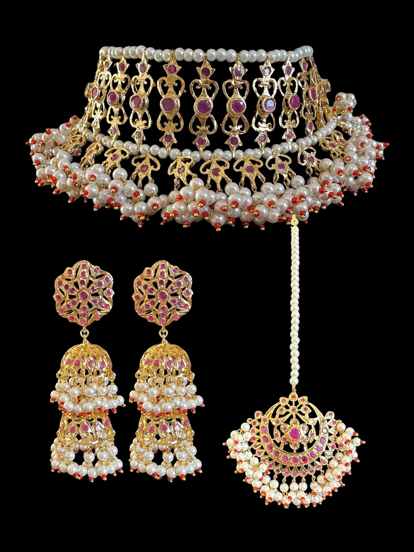 C534 Viya bridal choker set in rubies and pearls (SHIPS IN 4 WEEKS )