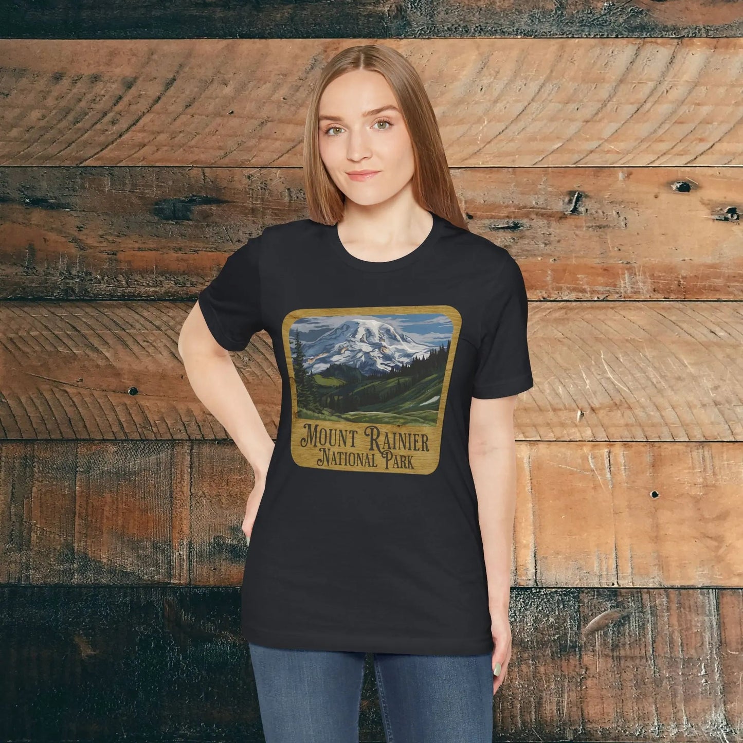 Mount Rainier National Park Unisex Fit Short Sleeve T-Shirt Wood Sign