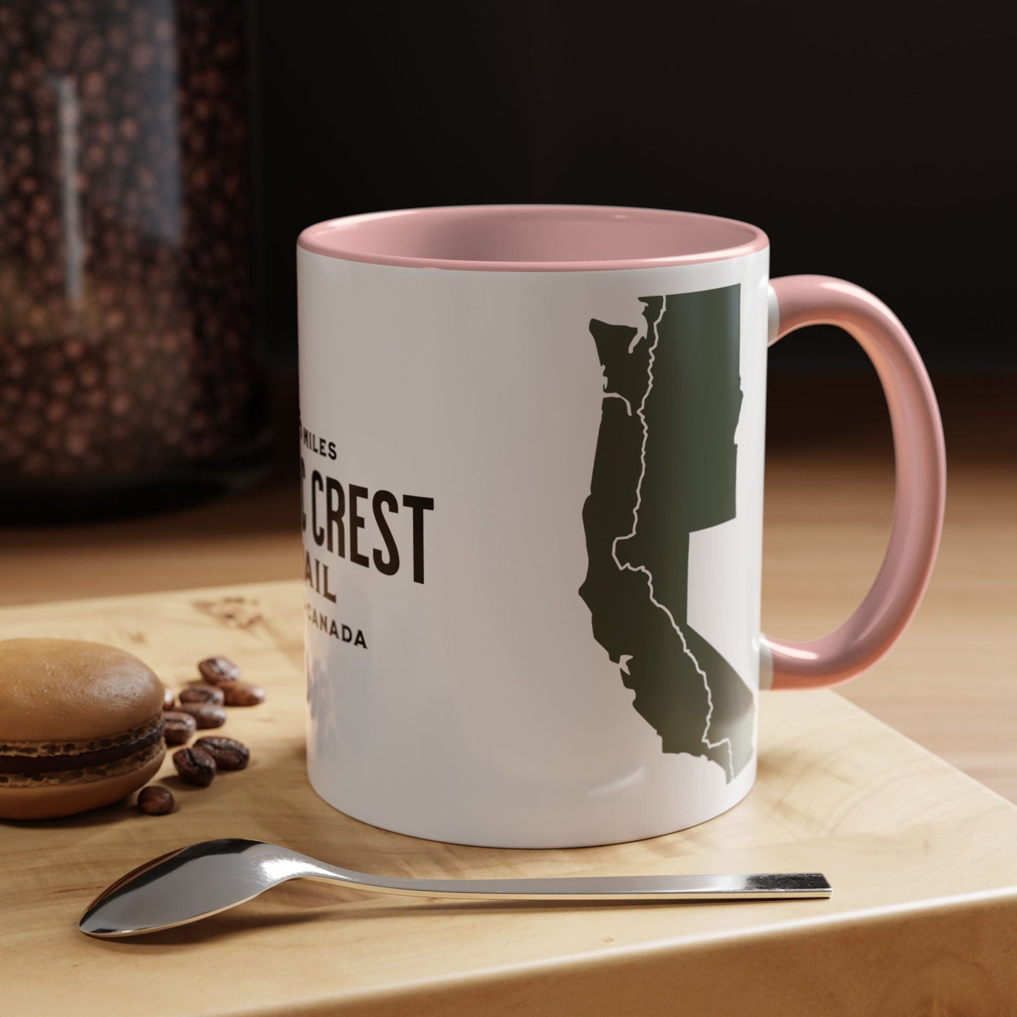 Pacific Crest Trail Classic Trail Marker Accent Coffee Mug 11oz, 15oz Blue Black Pink Red Navy Mexico To Canada Map