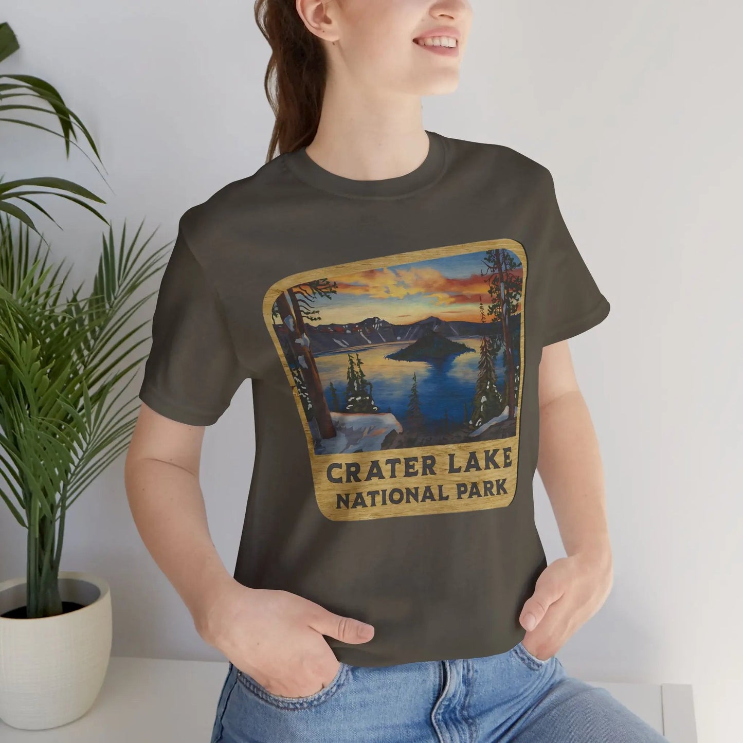 Crater Lake National Park Unisex Fit Short Sleeve T-Shirt Wood Sign