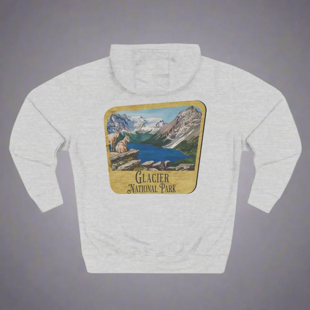 Glacier National Park Unisex Fit Fleece Hoodie Scenic Mountain Goat View Graphic Wooden Sign