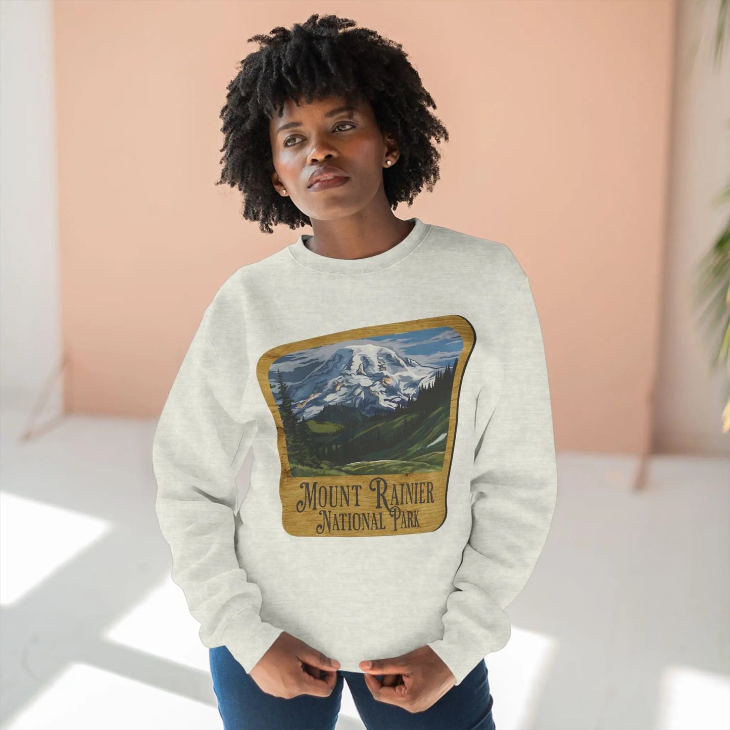Mount Rainier National Park Unisex Fit Crewneck Sweatshirt Wood Sign