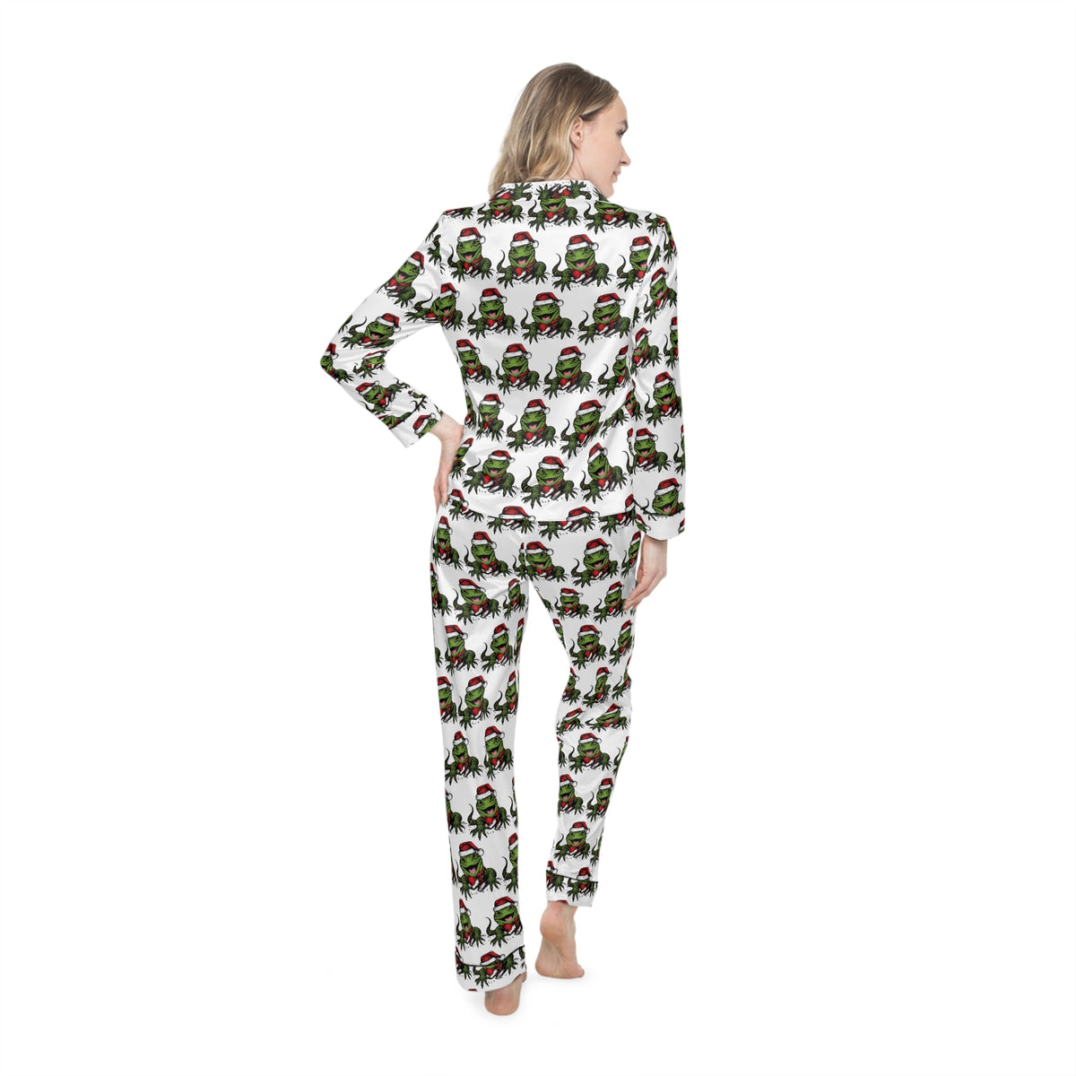 Festive Reptile Mischief Long-Sleeve Satin Pajama Set