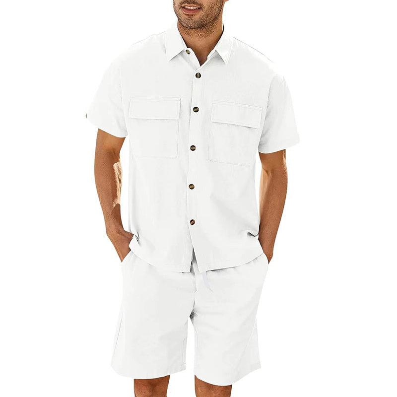 Men's Cotton Linen Two-Piece Summer Set - Short Sleeve Shirt & Shorts