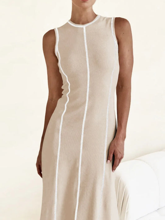 Contrast Stitching Round Neck Sleeveless Midi Dress