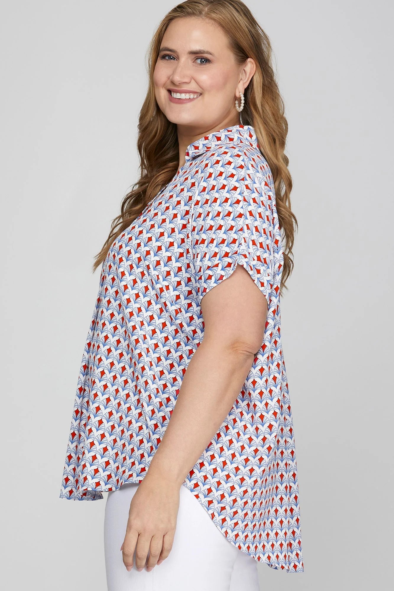 She Sky Full Size Printed Johnny Collar Short Sleeve Blouse Plus Size