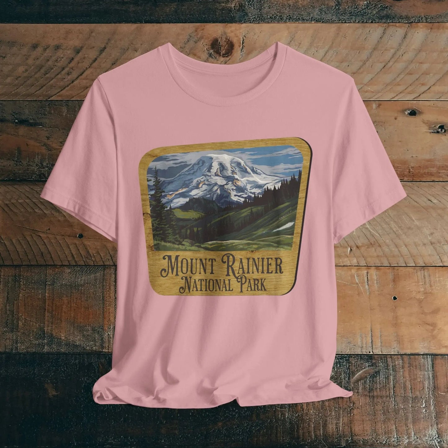 Mount Rainier National Park Unisex Fit Short Sleeve T-Shirt Wood Sign