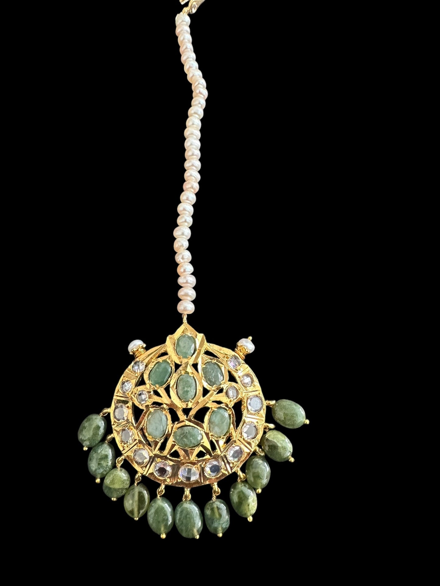 JTK11 Insha hyderabadi jhoomar tika in emeralds and fresh water pearls ( READY TO SHIP )