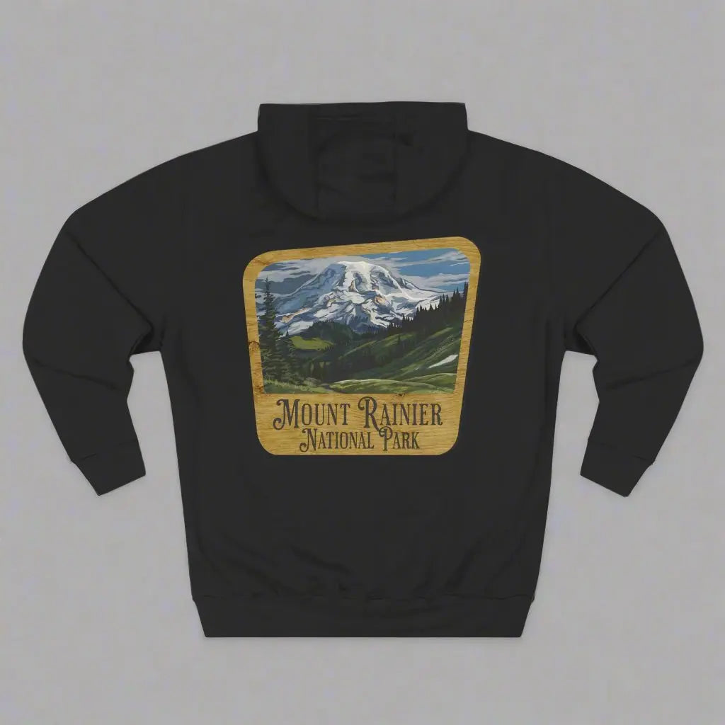 Mount Rainier National Park Fleece Hoodie Unisex Fit Scenic Wooden Mountain Sign