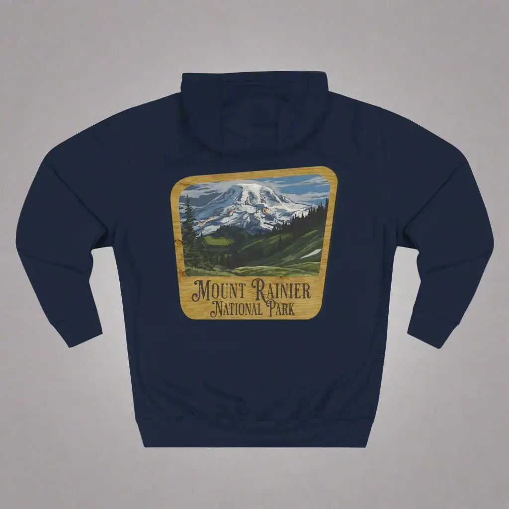 Mount Rainier National Park Fleece Hoodie Unisex Fit Scenic Wooden Mountain Sign