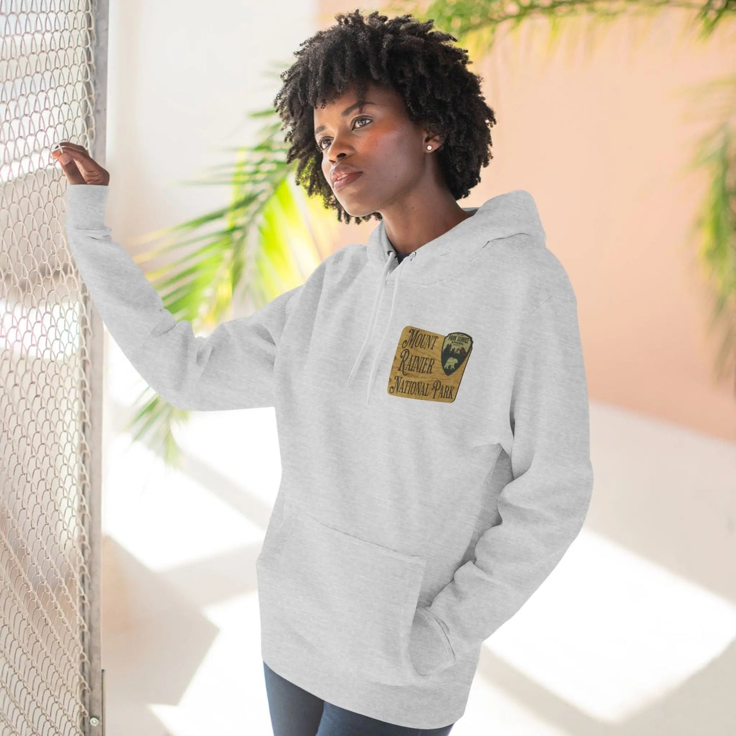 Mount Rainier National Park Fleece Hoodie Unisex Fit Scenic Wooden Mountain Sign