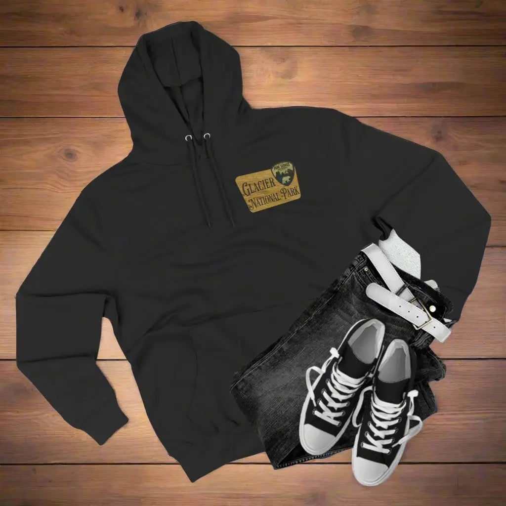 Glacier National Park Unisex Fit Fleece Hoodie Scenic Mountain Goat View Graphic Wooden Sign
