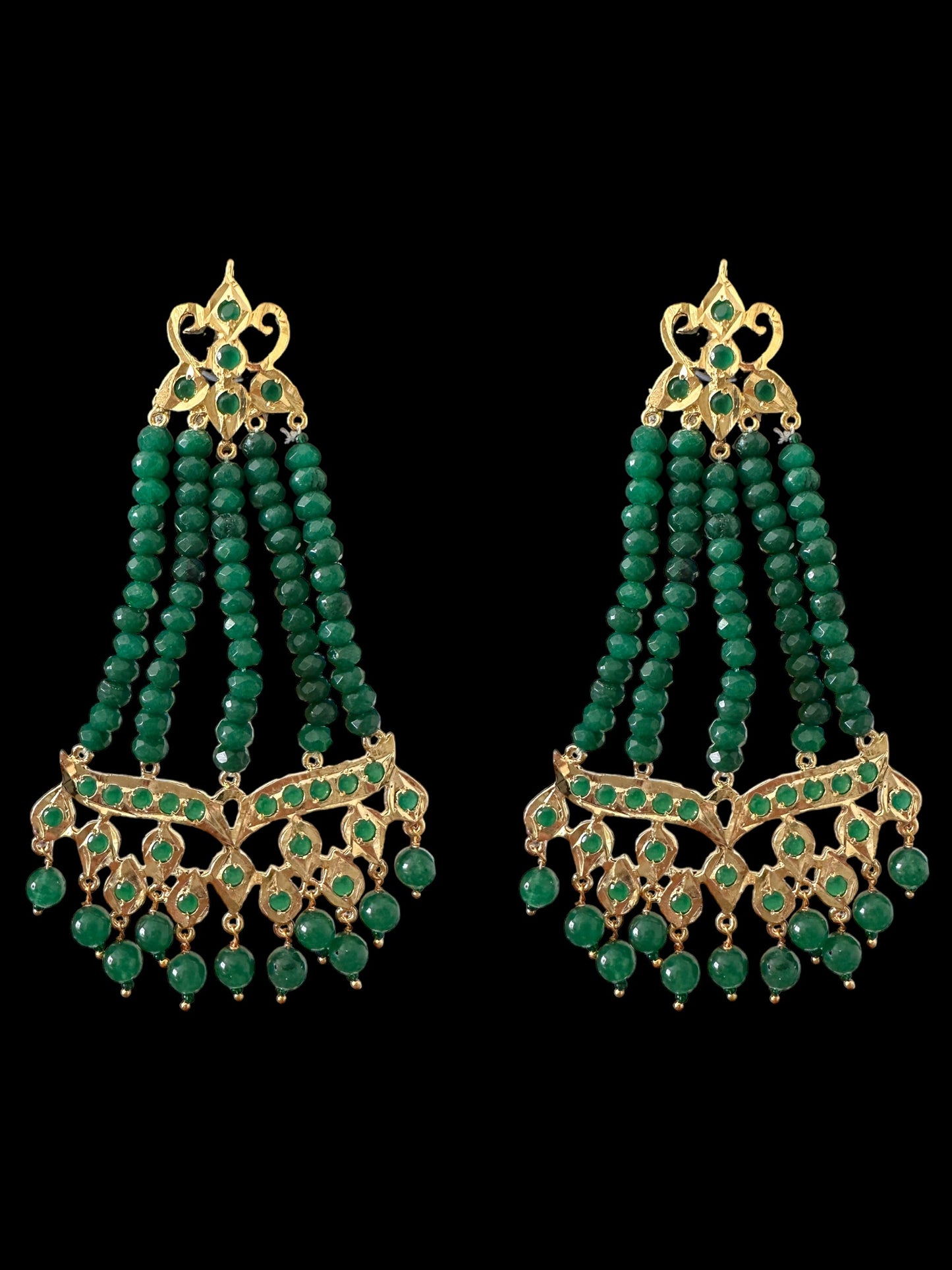 DER589 Amrita jhoomar earrings in green beads ( SHIPS IN 4 WEEKS )