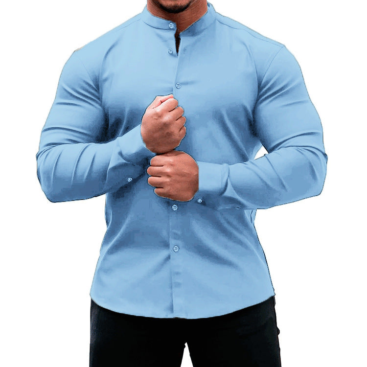 Mandarin Collar Shirt Men - Slim Fit Polyester Long Sleeve