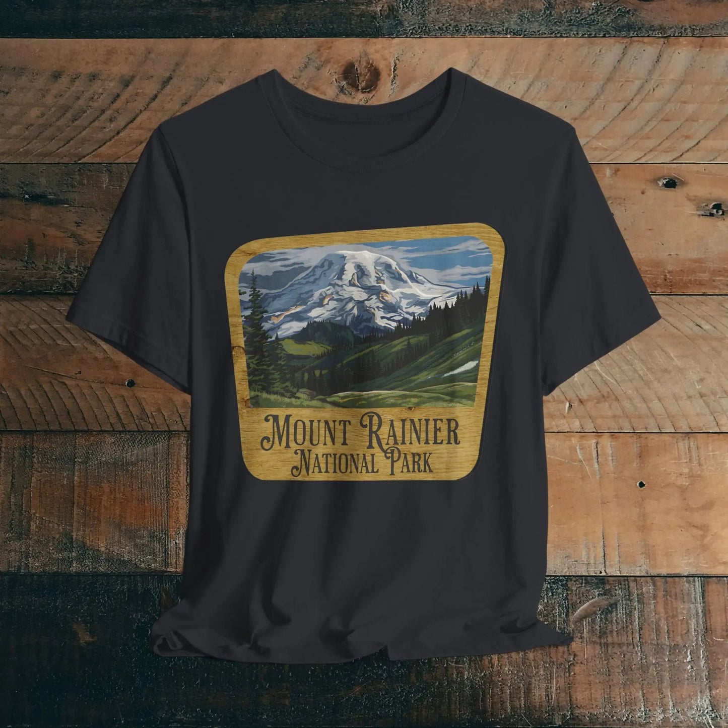 Mount Rainier National Park Unisex Fit Short Sleeve T-Shirt Wood Sign