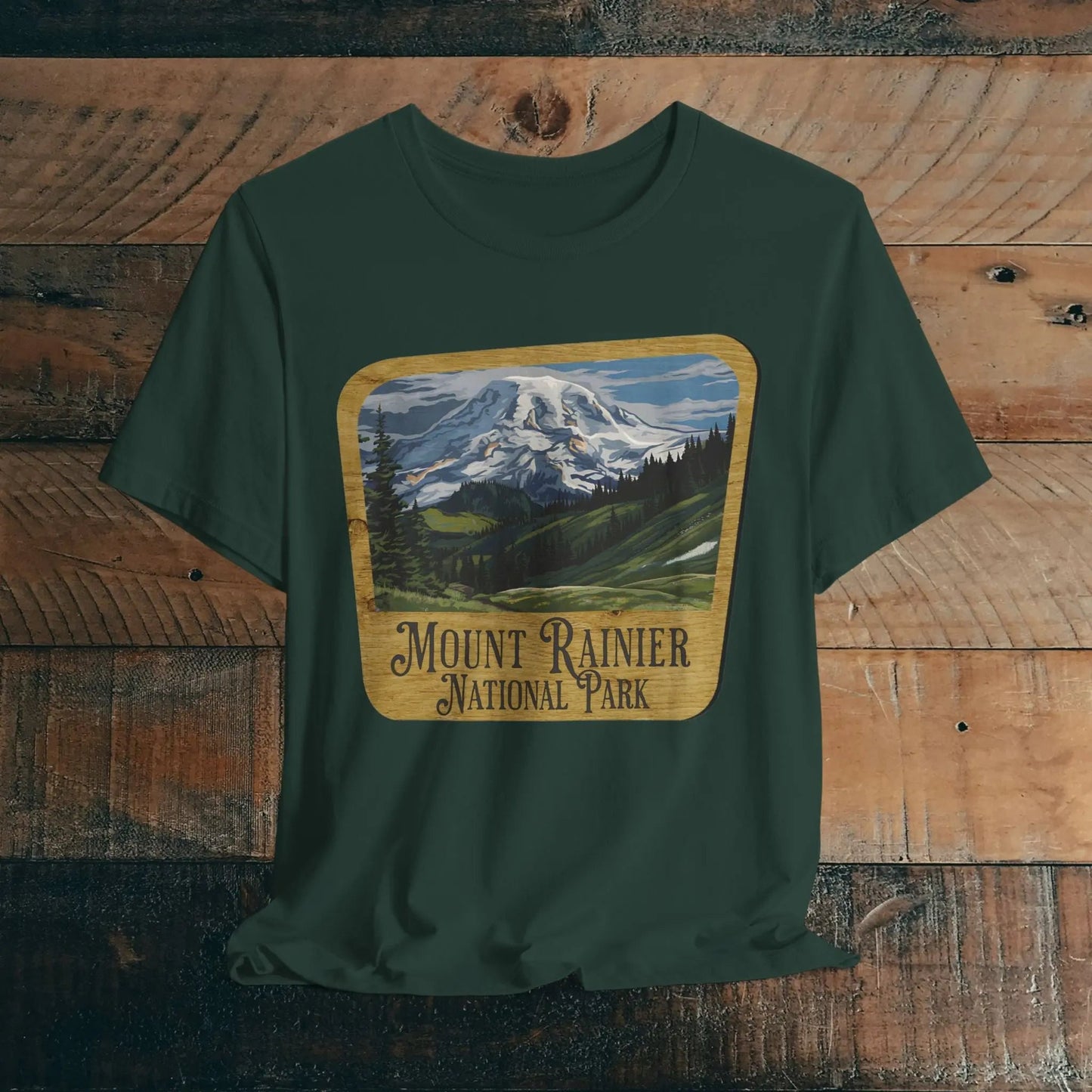 Mount Rainier National Park Unisex Fit Short Sleeve T-Shirt Wood Sign