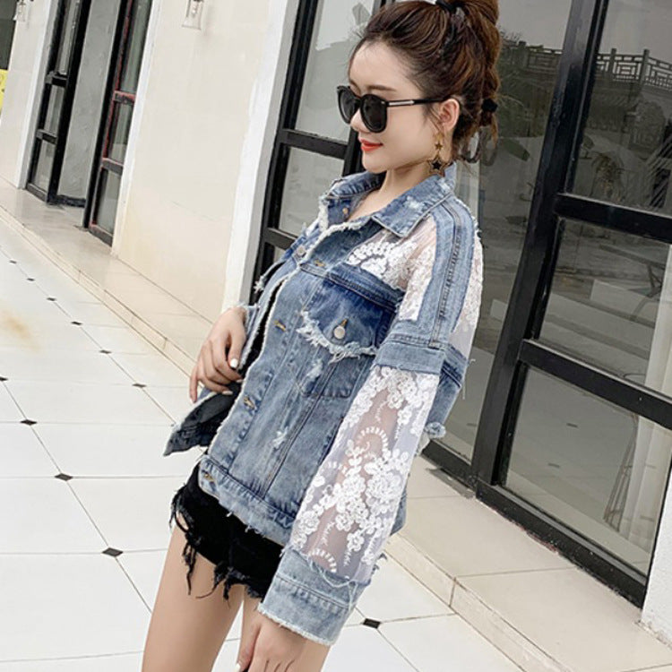 Lightweight Denim Lace Jacket - Blue Wash Sheer Statement