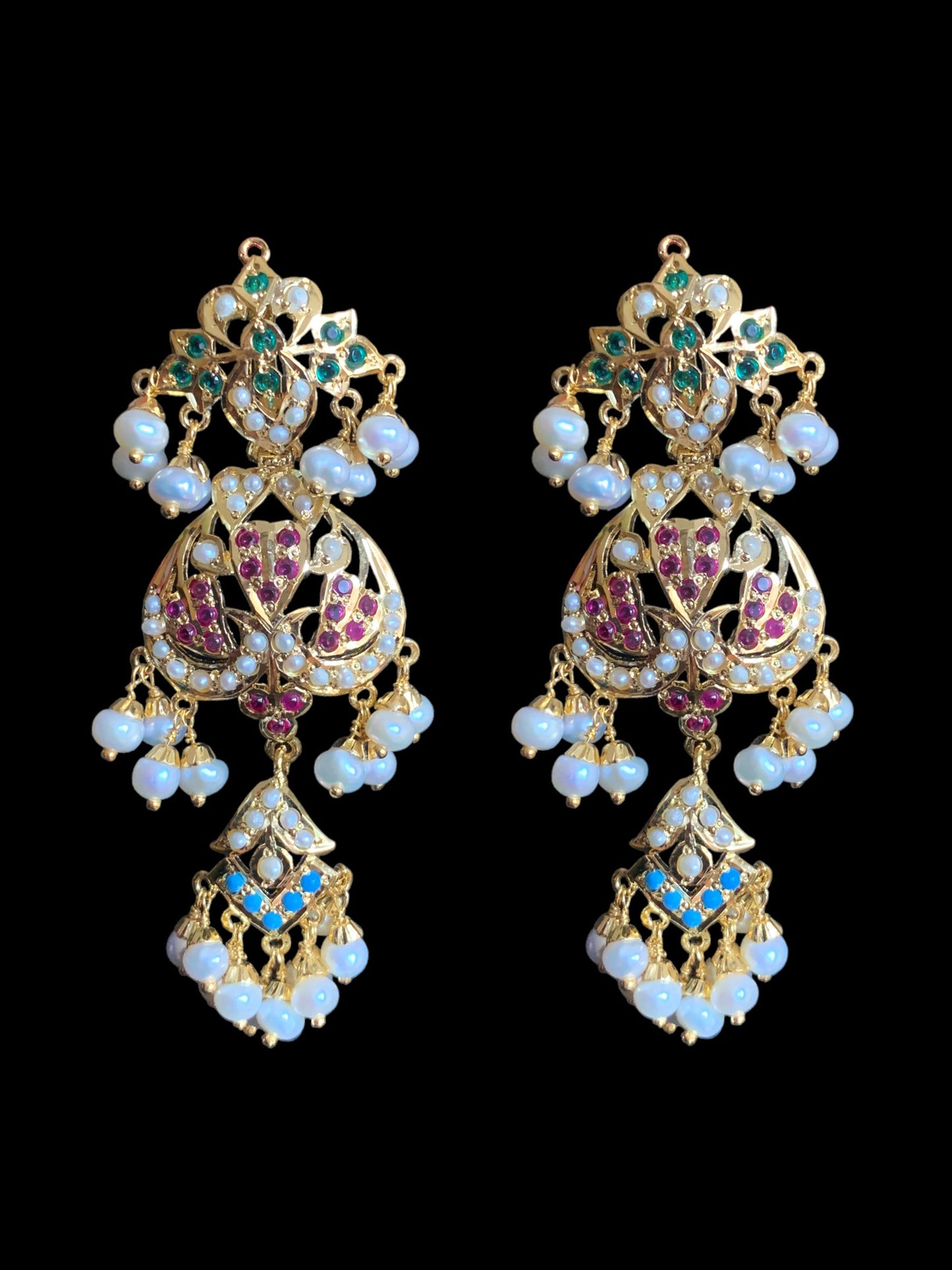 Navratan necklace set with fresh water pearls in gold plated silver