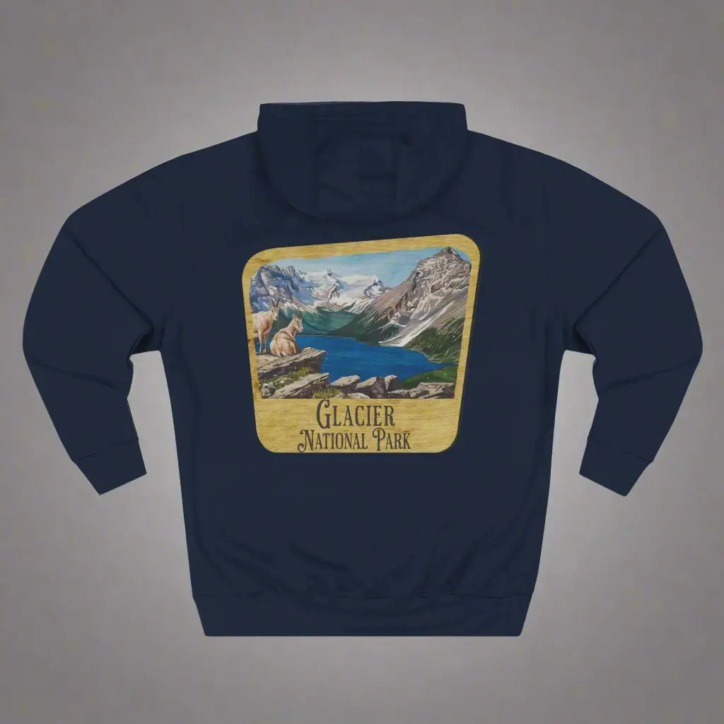 Glacier National Park Unisex Fit Fleece Hoodie Scenic Mountain Goat View Graphic Wooden Sign