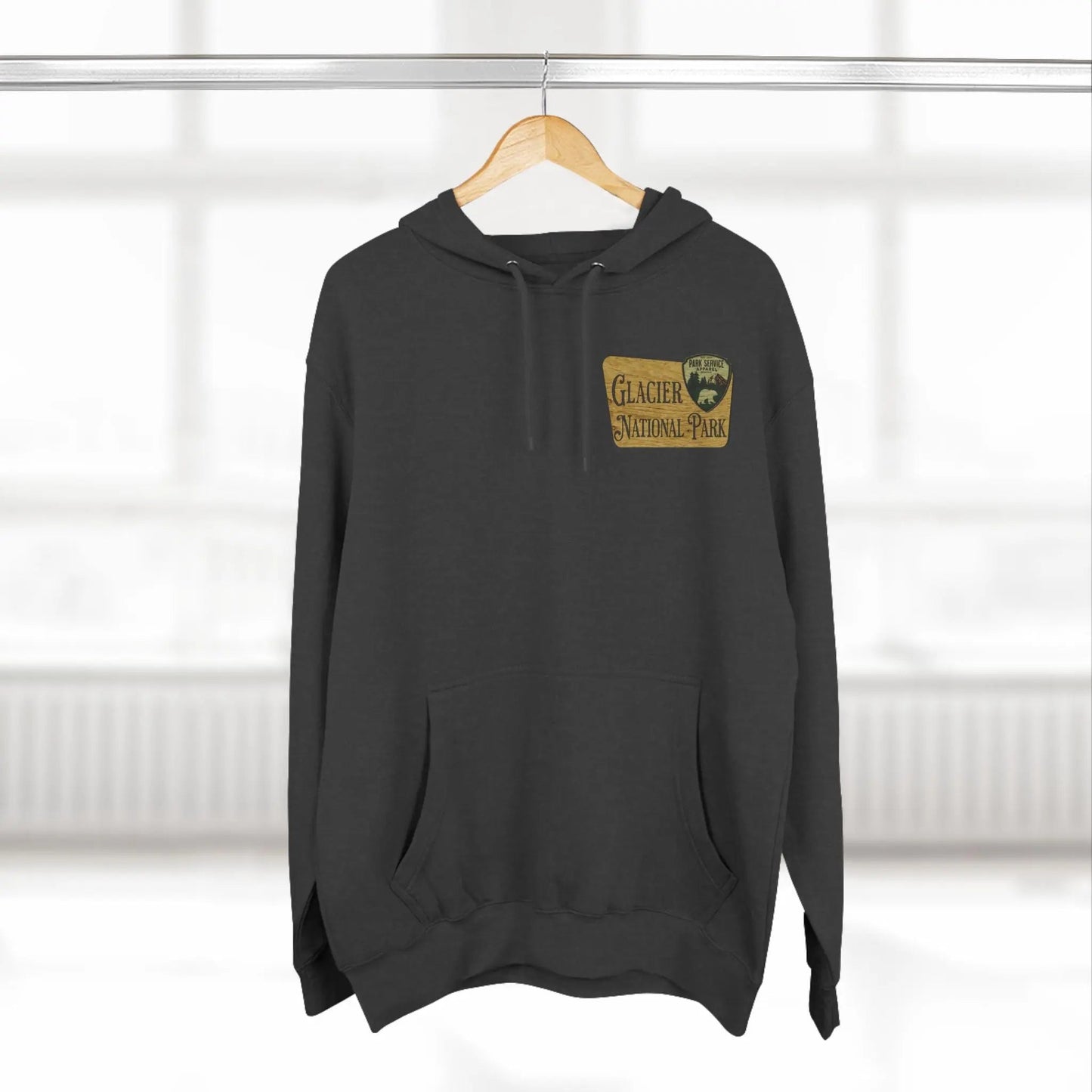 Glacier National Park Unisex Fit Fleece Hoodie Scenic Mountain Goat View Graphic Wooden Sign