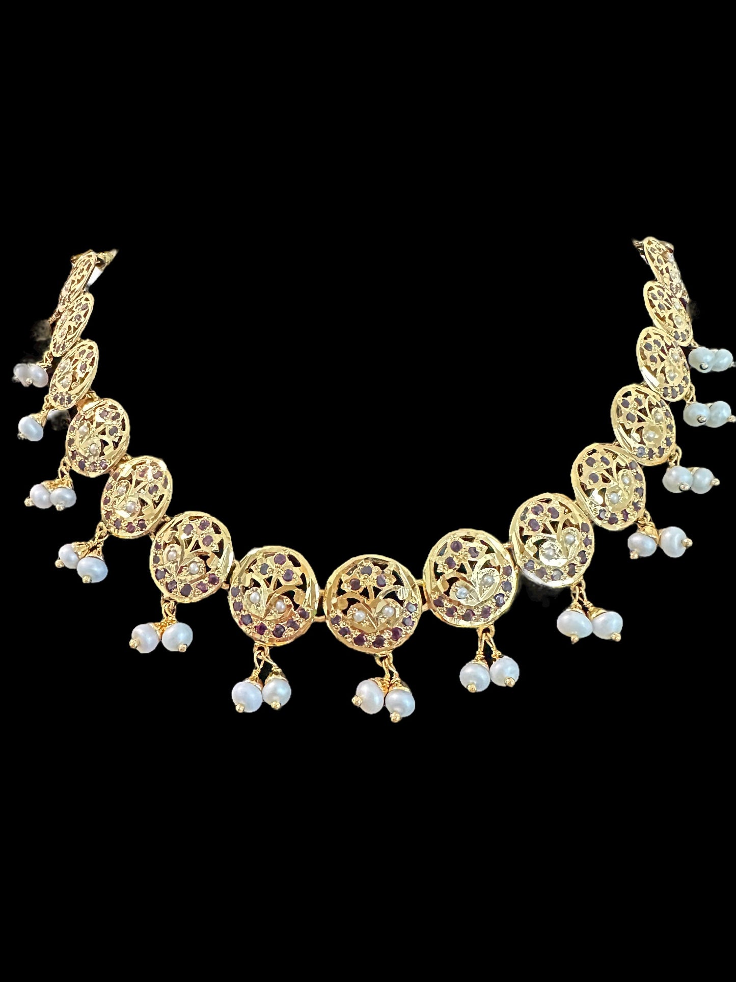 Garnet necklace set with fresh water pearls - gold plated silver ( READY TO SHIP )
