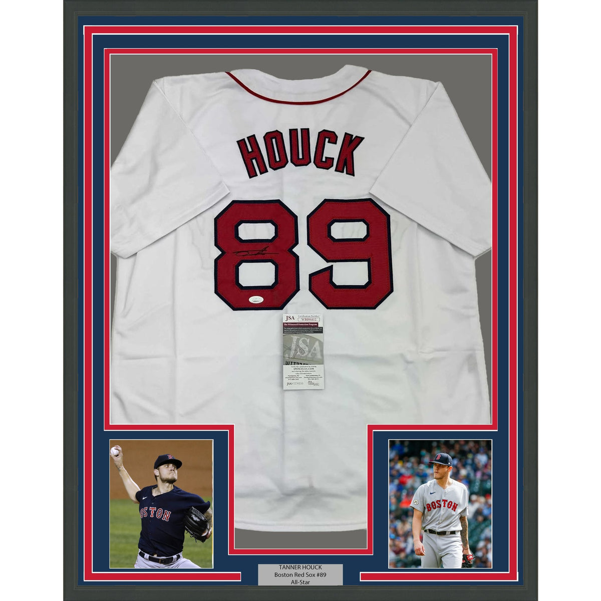 Framed Autographed/Signed Tanner Houck 35x39 Boston White Baseball Jersey JSA COA
