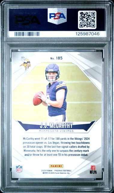 Graded 2024 Panini Phoenix Purple JJ McCarthy #185 Rookie RC Football Card PSA 10 Gem Mint
