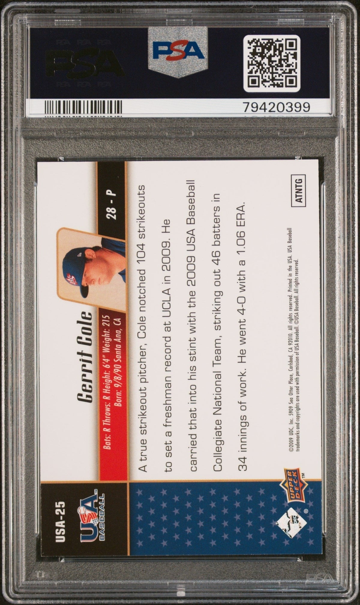 Graded 2009 Upper Deck USA Baseball Gerrit Cole #USA25 USA Star Prospects Rookie RC Baseball Card PSA 10 Gem Mint