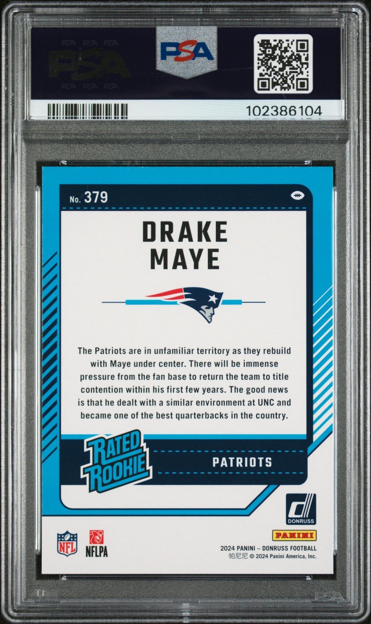 Graded 2024 Panini Donruss Drake Maye #379 Rookie RC Football Card PSA 10 Gem Mint