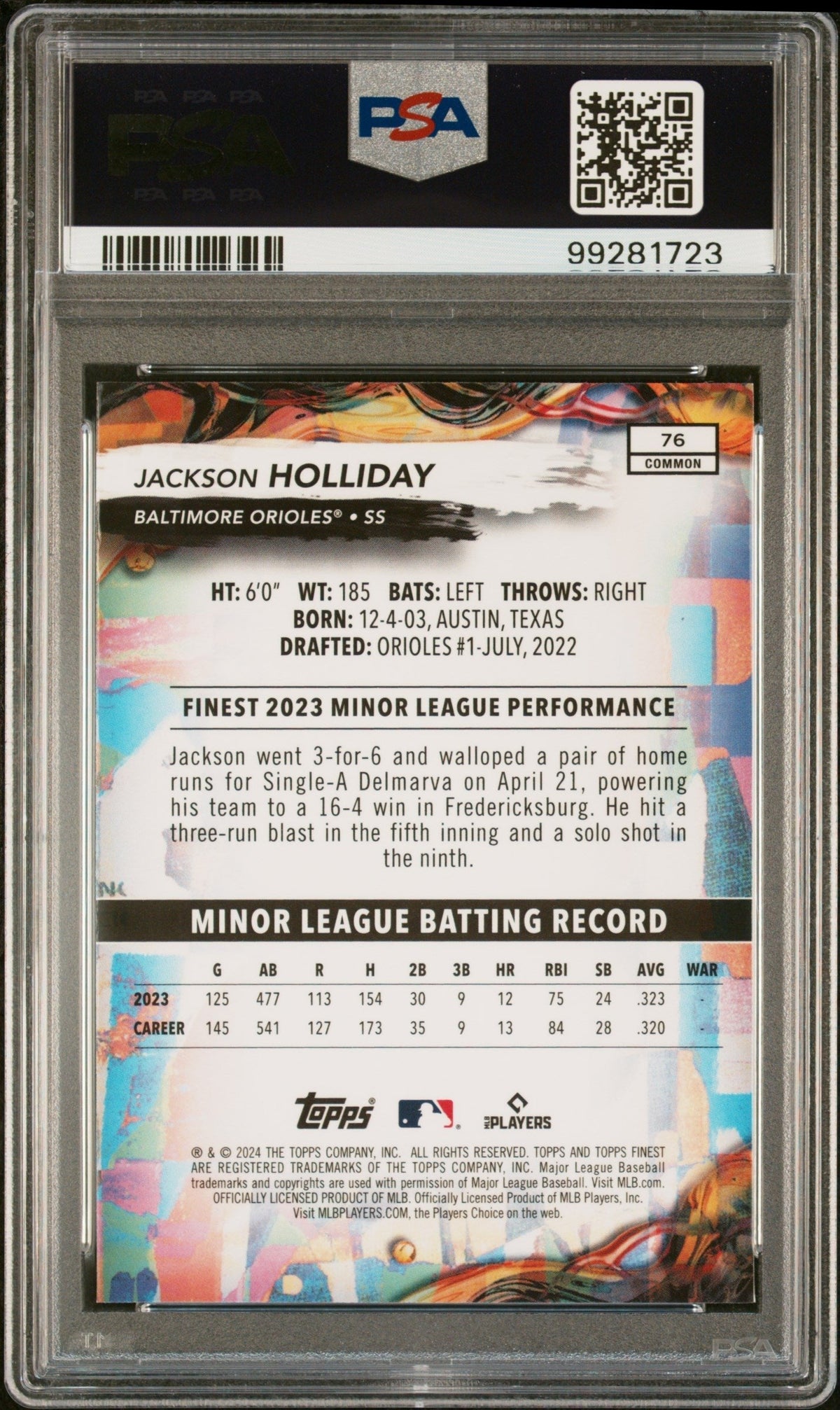 Graded 2024 Topps Finest Jackson Holliday #76 Rookie RC Baseball Card PSA 9 Mint