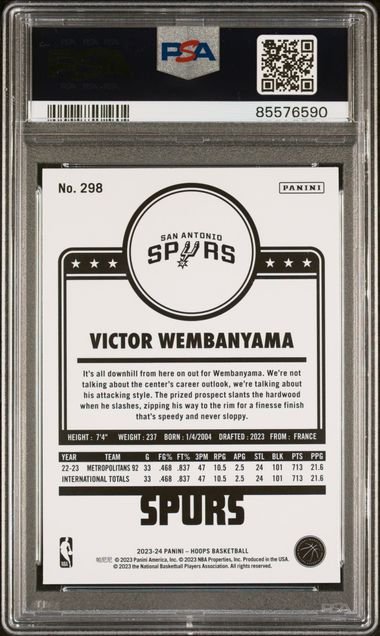 Graded 2023 Panini Hoops Victor Wembanyama #298 Rookie RC Basketball Card PSA 10 Gem Mint