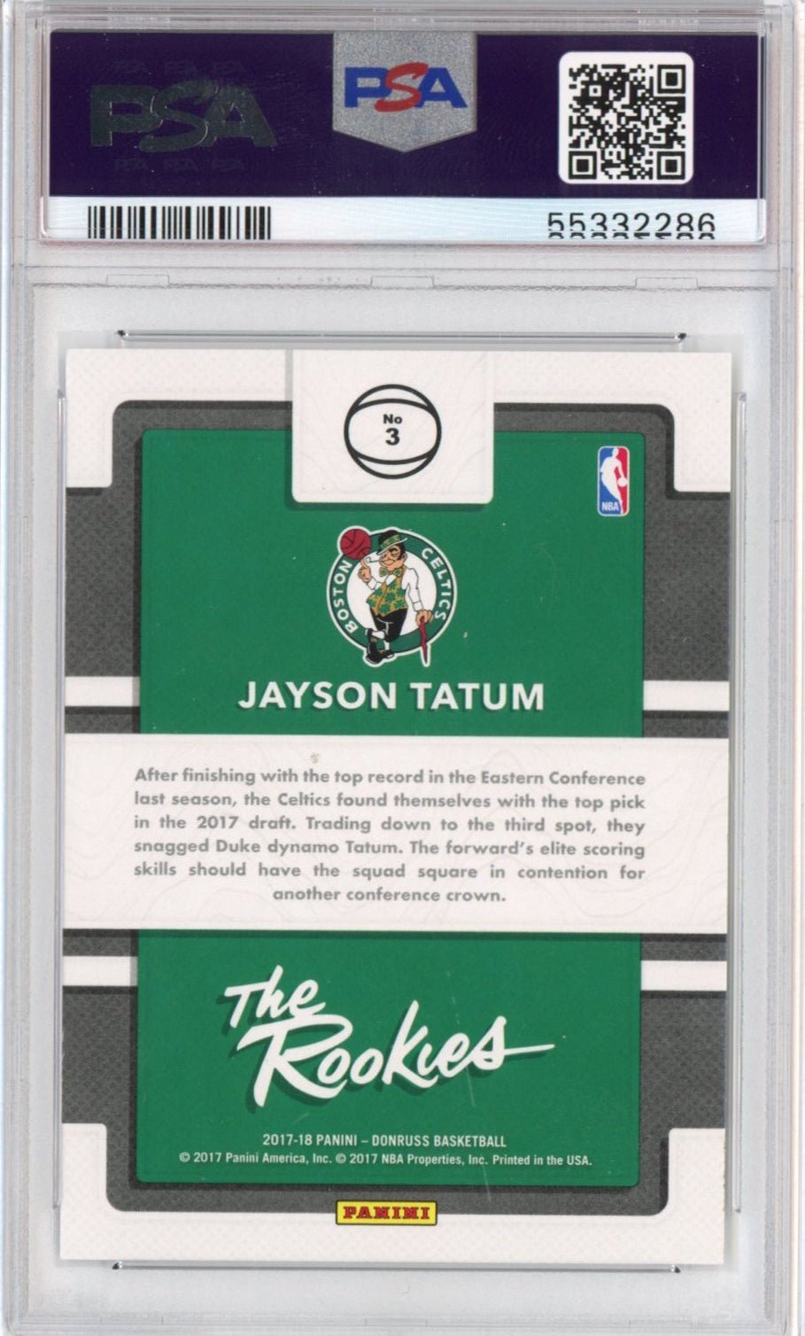 Graded 2017-18 Panini Donruss Jayson Tatum #3 The Rookies RC Basketball Card PSA 10 Gem Mint