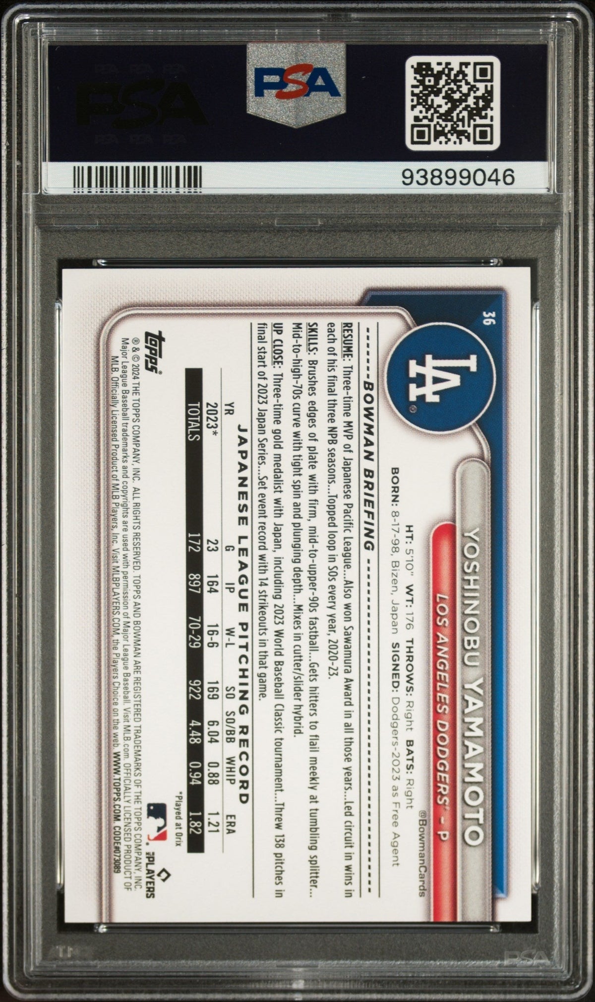 Graded 2024 Topps Bowman Yoshinobu Yamamoto #36 Rookie RC Baseball Card PSA 10 Gem Mint