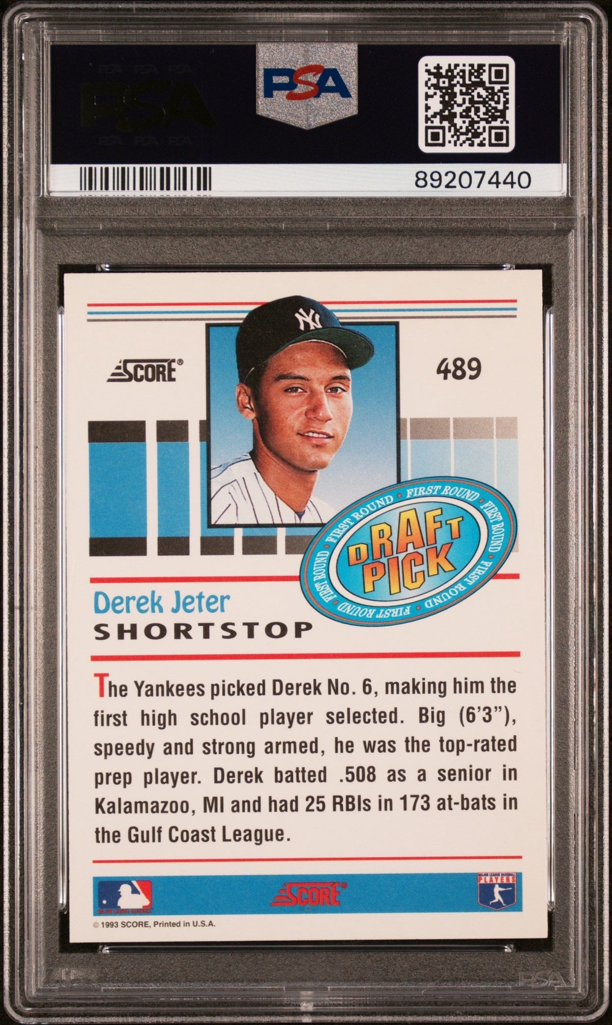 Graded 1993 Score Derek Jeter #489 Rookie RC Baseball Card PSA 9 Mint