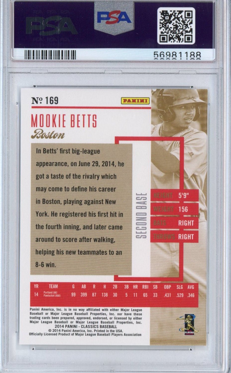 Graded 2014 Panini Classics Mookie Betts #169 Rookie RC Baseball Card PSA 10 Gem Mint