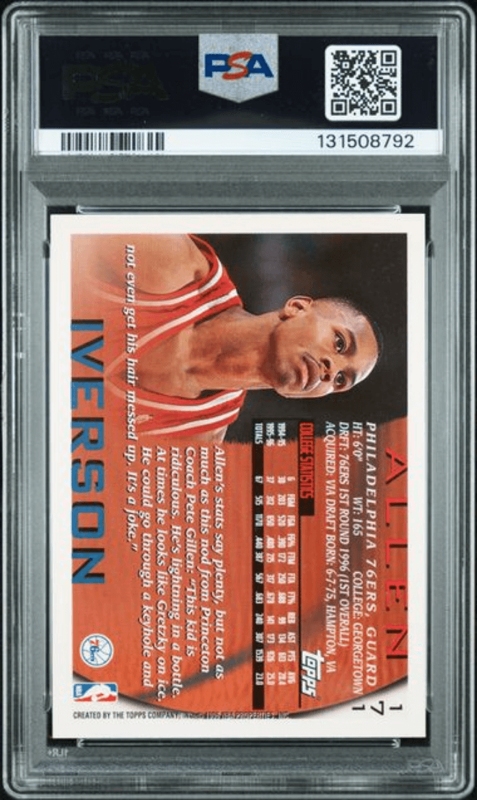 Graded 1996 Topps Allen Iverson #171 Rookie RC Basketball Card PSA 10 Auto Grade Gem Mint