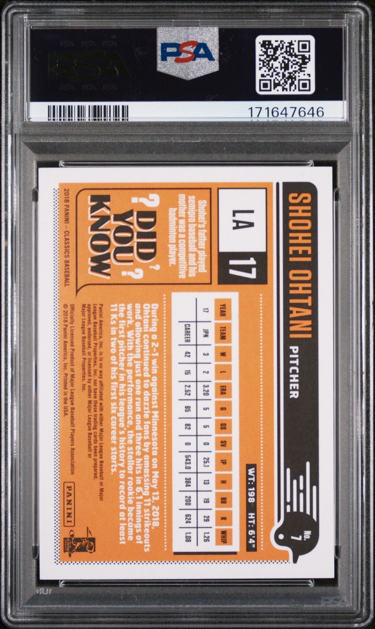 Graded 2018 Panini Chronicles Classics Shohei Ohtani #7 Rookie RC Baseball Card PSA 10 Gem Mint