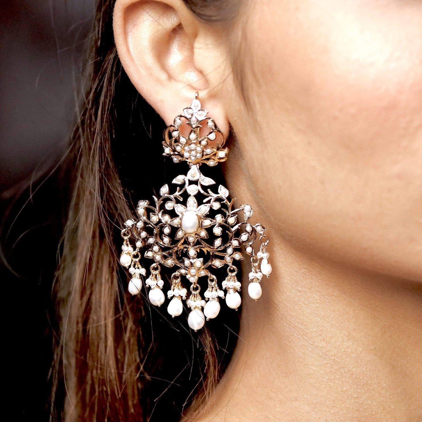Pearl Jadau Dangler Earrings in Gold Plated Silver